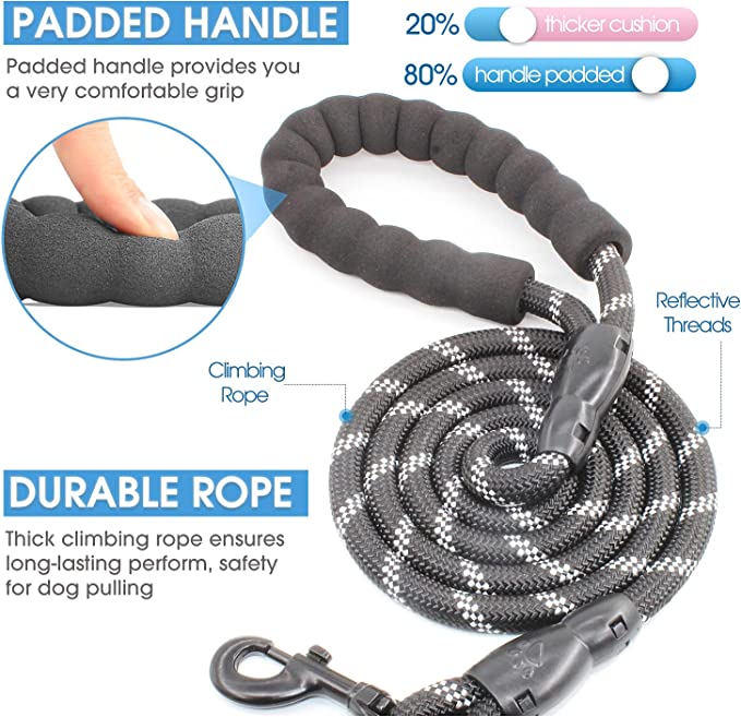 Dog Leash with Comfortable Padded Handle and Highly Reflective Threads (5 FT)