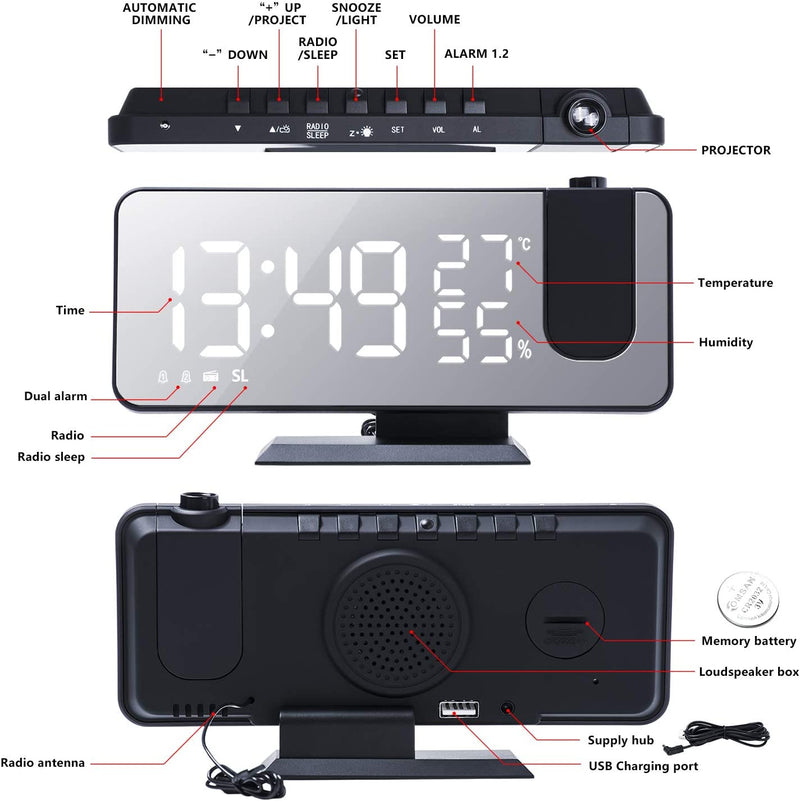 Projection Alarm Clock for Bedroom Ceiling Digital Alarm Clock Radio with USB Charger Ports