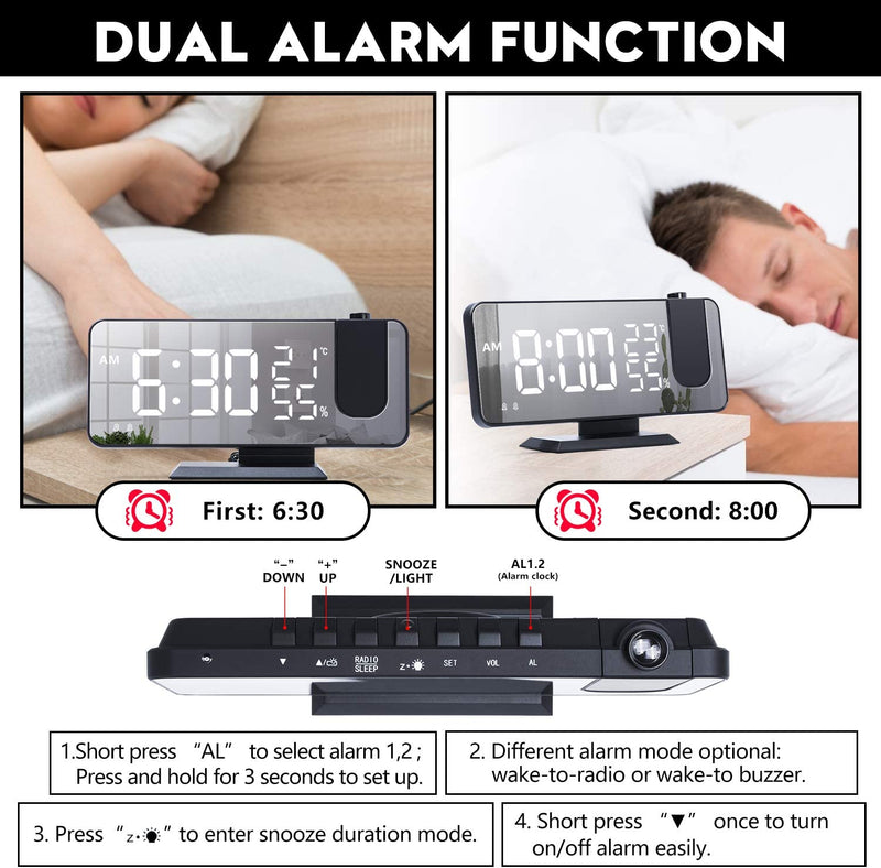 Projection Alarm Clock for Bedroom Ceiling Digital Alarm Clock Radio with USB Charger Ports